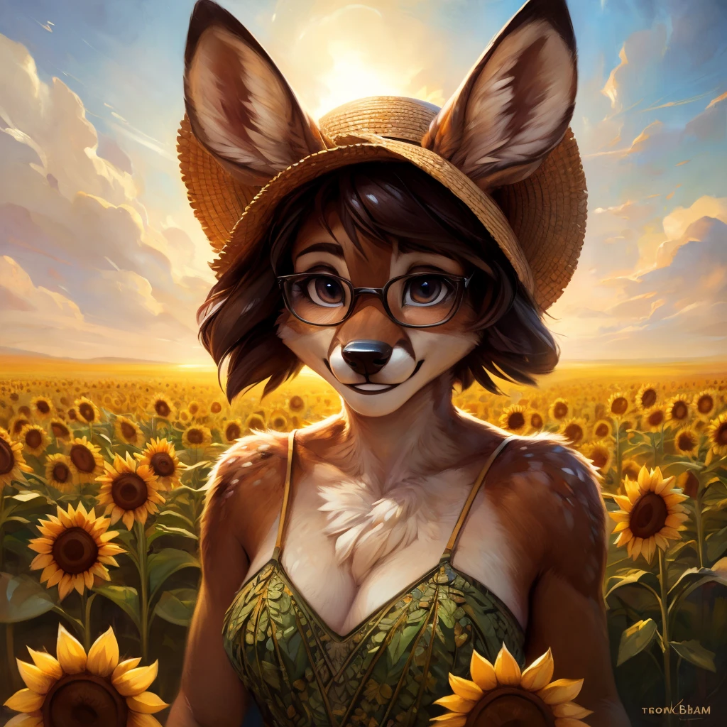 uploaded on e621, by Pixelsketcher, by Bayard Wu, by Thomas Benjamin Kennington , by Einshelm, by hioshiru and kenket, Chunie, portrait, solo anthro female deer doe, with small featureless breasts, clear dark blue, cinematic lighting, day, sunny day, sunflower field, stands in a high sunflower field, sunflower field background, sunflowers, mediterranean background, horizon background, shiny, chin short curly dark brown hair, wears big black nerd glasses, very very beautiful furry art, furry art, smiling, joyful, shiny, happy, feminine, cute face, muzzle, fluffy chest, flawless face, Fallow deer, 1girl, Sakimichan is beautiful, Masterpiece, Wavethesallow Face, shiny, Detailed image, portrait, Detailed image, portrait, full body, wearing pure white and wide spaghetti straps dress, wearing big and wide beige summer straw hat, shiny, realistic face, perfect anatomy, hourglass body, (furry body:1.1), anthropomorphic deer, looks at the viewer, small fluffy tail, detailed background, (cute anatomy:1.1)
