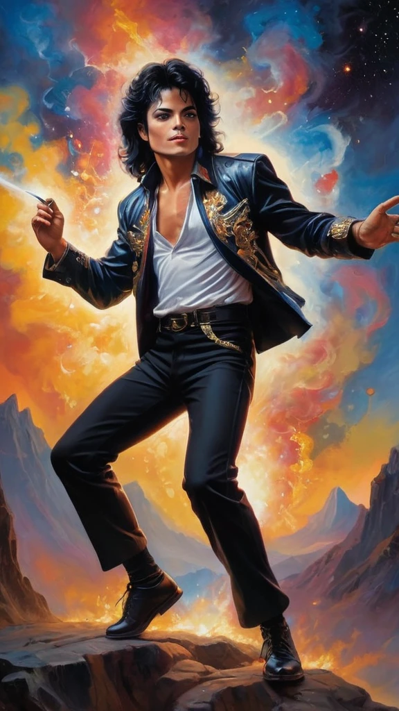 Full-body portrait of Michael Jackson dancing, Oil painting on canvas in the art style of Caravaggio, Thomas Kinkade, Neal Adams, Frank Frazetta, Boris Vallejo, Rembrandt, extremely colorful, universe, planet, performer, Milky Way, fire, explosion, cigarette, fire山の溶岩, Rugged mountains in the background々, 32k Ultra HD, 1080P, hyper Realistic, photoRealistic, Realistic, 1200ppi, 2000dpi, Very detailed, Very sharp, Vibrant, colorful, bright, Full Depth, Professional quality studio images
