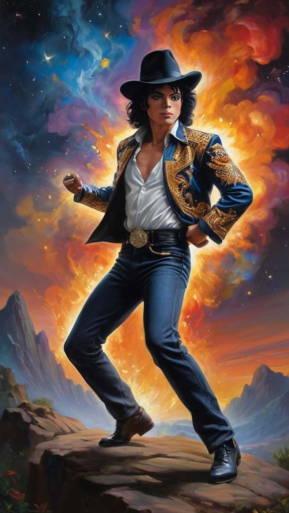 Full-body portrait of Michael Jackson dancing, Oil painting on canvas in the art style of Caravaggio, Thomas Kinkade, Neal Adams, Frank Frazetta, Boris Vallejo, Rembrandt, extremely colorful, universe, planet, performer, Milky Way, fire, explosion, cigarette, fire山の溶岩, Rugged mountains in the background々, 32k Ultra HD, 1080P, hyper Realistic, photoRealistic, Realistic, 1200ppi, 2000dpi, Very detailed, Very sharp, Vibrant, colorful, bright, Full Depth, Professional quality studio images