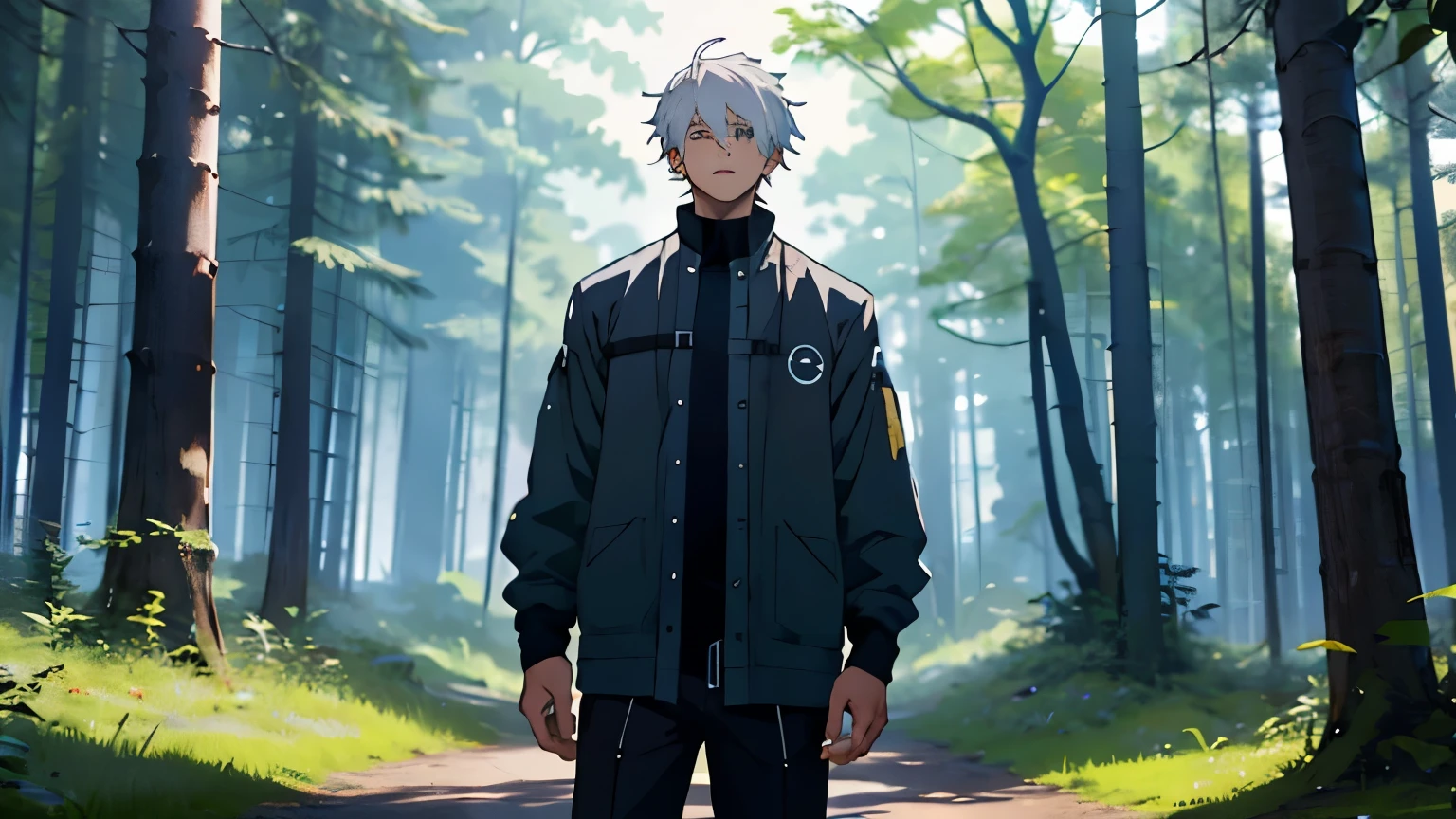 ((best quality)), (detailed). A anime man aged 18-20 has white hair alone stands in the middle of the forest and looks at nature, he himself is dressed in an official style
