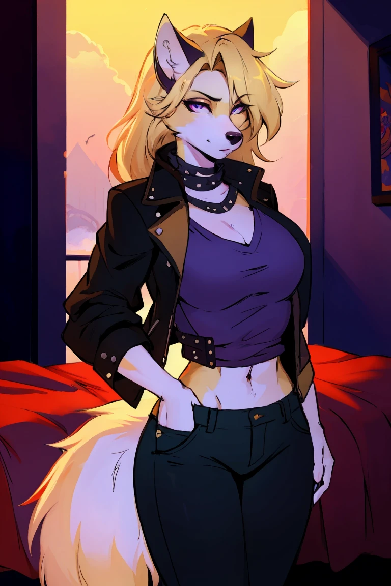 (Solitary), Female anthropomorphic wolf, Solitary, masterpiece, Best Art, Detailed hands, Delicate eyes, night, Anime latest art style, Medium Blonde, Creamy body lotion, Deep purple eyes, permanent, sports, Big body, permanent, bedroom, Bad Guy, Pants, jacket, Steampunk, Ninja Costume, 