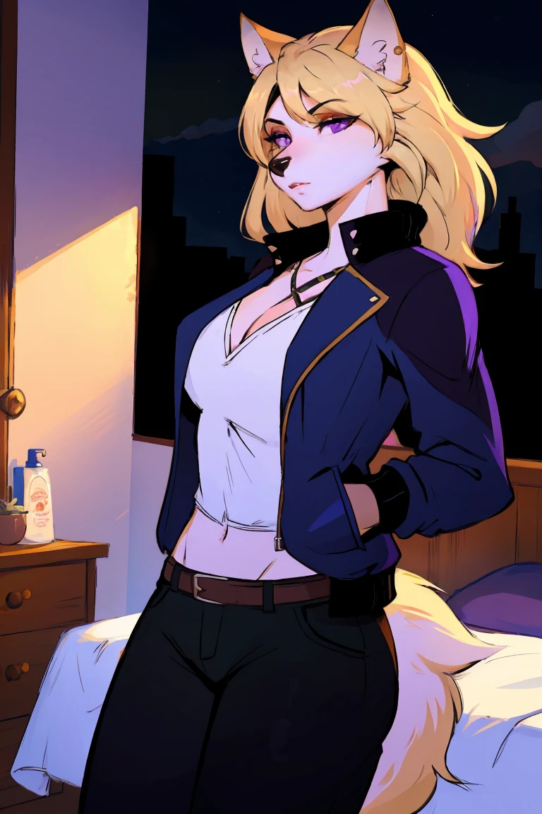 (Solitary), Female anthropomorphic wolf, Solitary, masterpiece, Best Art, Detailed hands, Delicate eyes, night, Anime latest art style, Medium Blonde, Creamy body lotion, Deep purple eyes, permanent, sports, Big body, permanent, bedroom, Bad Guy, Pants, jacket, Steampunk, Ninja Costume,