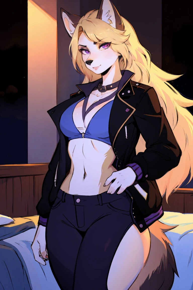 (Solitary), Female anthropomorphic wolf, Solitary, masterpiece, Best Art, Detailed hands, Delicate eyes, night, Anime latest art style, Medium Blonde, Creamy body lotion, Deep purple eyes, permanent, sports, Big body, permanent, bedroom, Bad Guy, Pants, jacket, Steampunk, Ninja Costume, 