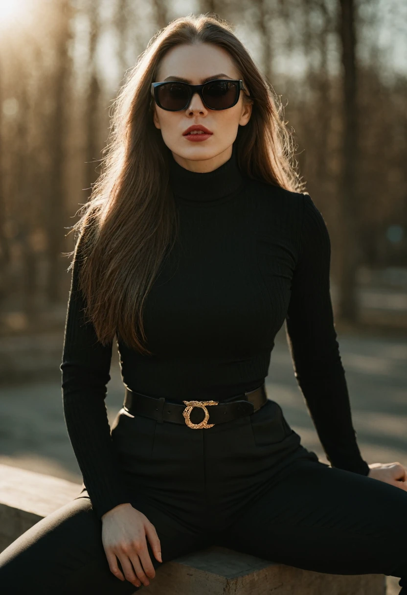 Photo, (sharp focus:1.2), (masterpiece), beautiful evil slavic muscular woman, pale skin, long dark blond hair, cinematic film still, stylish black and white photo, geometry, sunlight, feminine elegant girl in sunglasses with red glasses, black turtleneck, black jacket, wide black trousers, wide belt, (sharp focus on the face:1.3), (detailed), photographed on a Kodak box camera, (hyper realistic:1.4), lifelike texture, (intricate details, hyperdetailed:1.15) (skin texture:1.2), cinematic, professional, 4k, (((dynamic model pose))), sitting, full body, mesmerizing, dynamic, dramatic, dynamic pose, highly detailed skin with hair, subcutaneous veins, light and shadow play, highly detailed,24mm photograph, bokeh, professional, 4k,