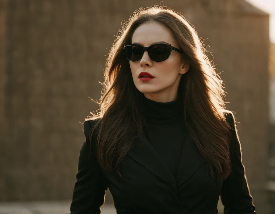 Photo, (sharp focus:1.2), (masterpiece), beautiful evil slavic muscular woman, pale skin, long hair, cinematic film still, stylish black and white photo, geometry, sunlight, feminine elegant girl in sunglasses with red glasses, black turtleneck, black jacket, wide black trousers, wide belt, (sharp focus on the face:1.3), (detailed), photographed on a Kodak box camera, (hyper realistic:1.4), lifelike texture, (intricate details, hyperdetailed:1.15) (skin texture:1.2), cinematic, professional, 4k, (((dynamic model pose))), sitting, full body, mesmerizing, dynamic, dramatic, dynamic pose, highly detailed skin with hair, subcutaneous veins, light and shadow play, highly detailed,24mm photograph, bokeh, professional, 4k,
