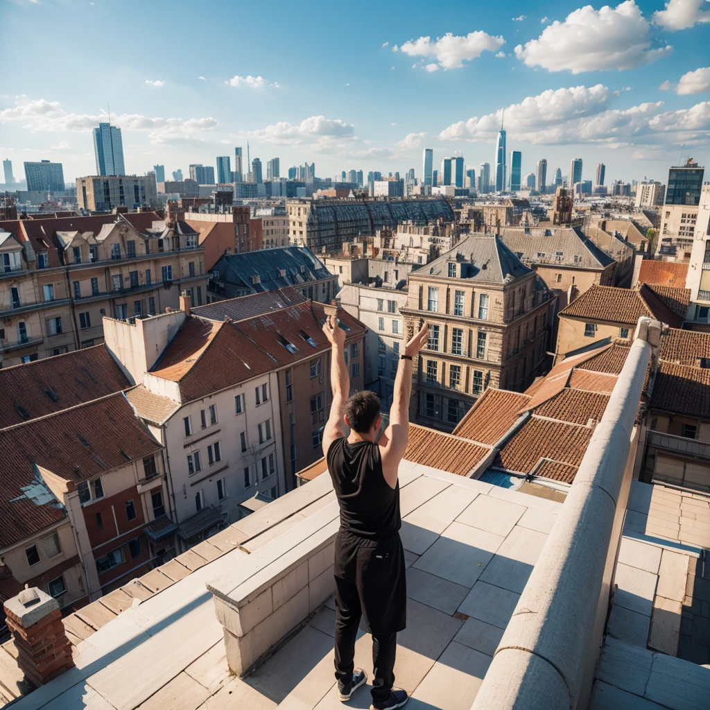 City rooftops,A man standing in the middle,Back,Open your arms,Decorative paintings