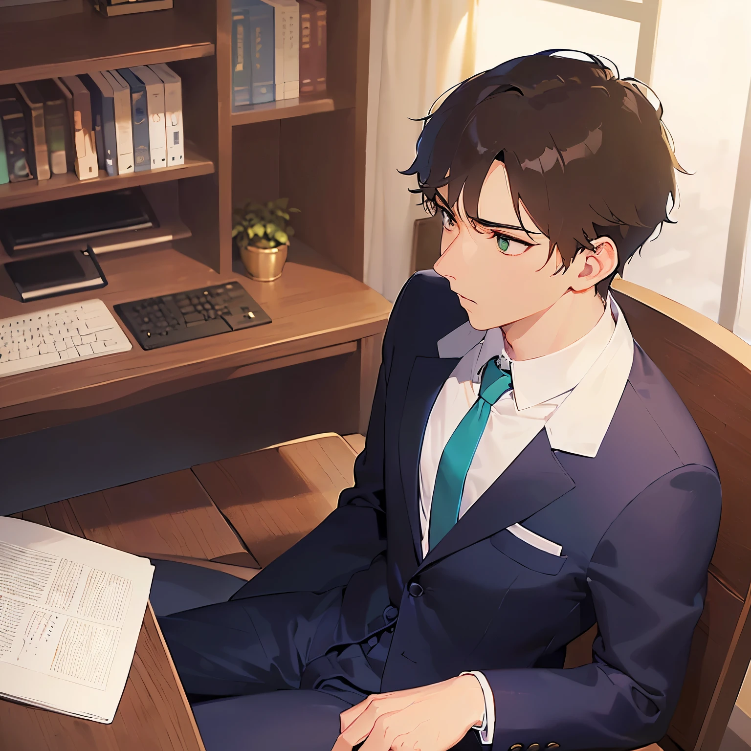 upper body、shiny skin, (looking away:1.5)、masterpiece、Highest quality、(25-year-old male:1.5) and (Brown short hair) and (Green Eyes), (Wearing a suit:1.3) and (Blue tie)、Serious expression、Background is an office room、(Alone:1.5)、Upper body is shown、computer、Sitting