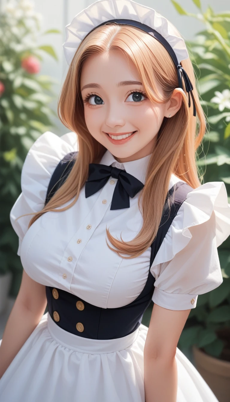 score_9_up, score_8_up, score_7_up, score_6_up,18 years old beautiful girl, big eyes, Large Breasts, tiny and cute, 8K, Top quality, (Very detailed head: 1.0), (Very rich facial details: 1.0), (Very detailed head发: 1.0), Maid uniform, Highly detailed official artwork, Anime cute art style, Clean and detailed anime art, Smile, blond hair, Long smooth hair
