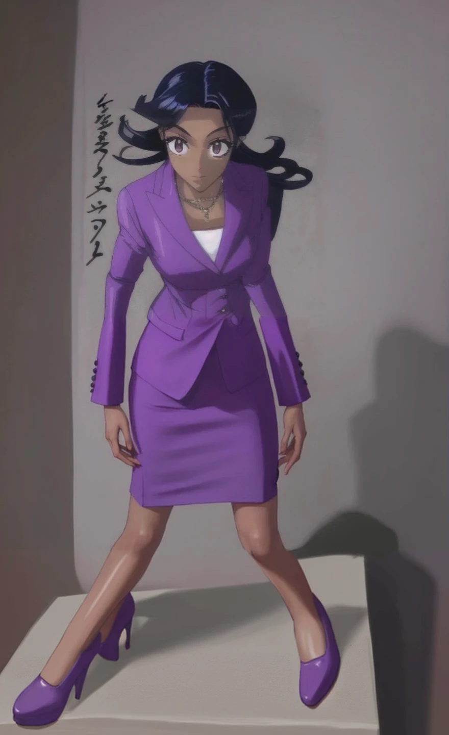 90s anime Evil business woman in a purple skirt suit in purple heels