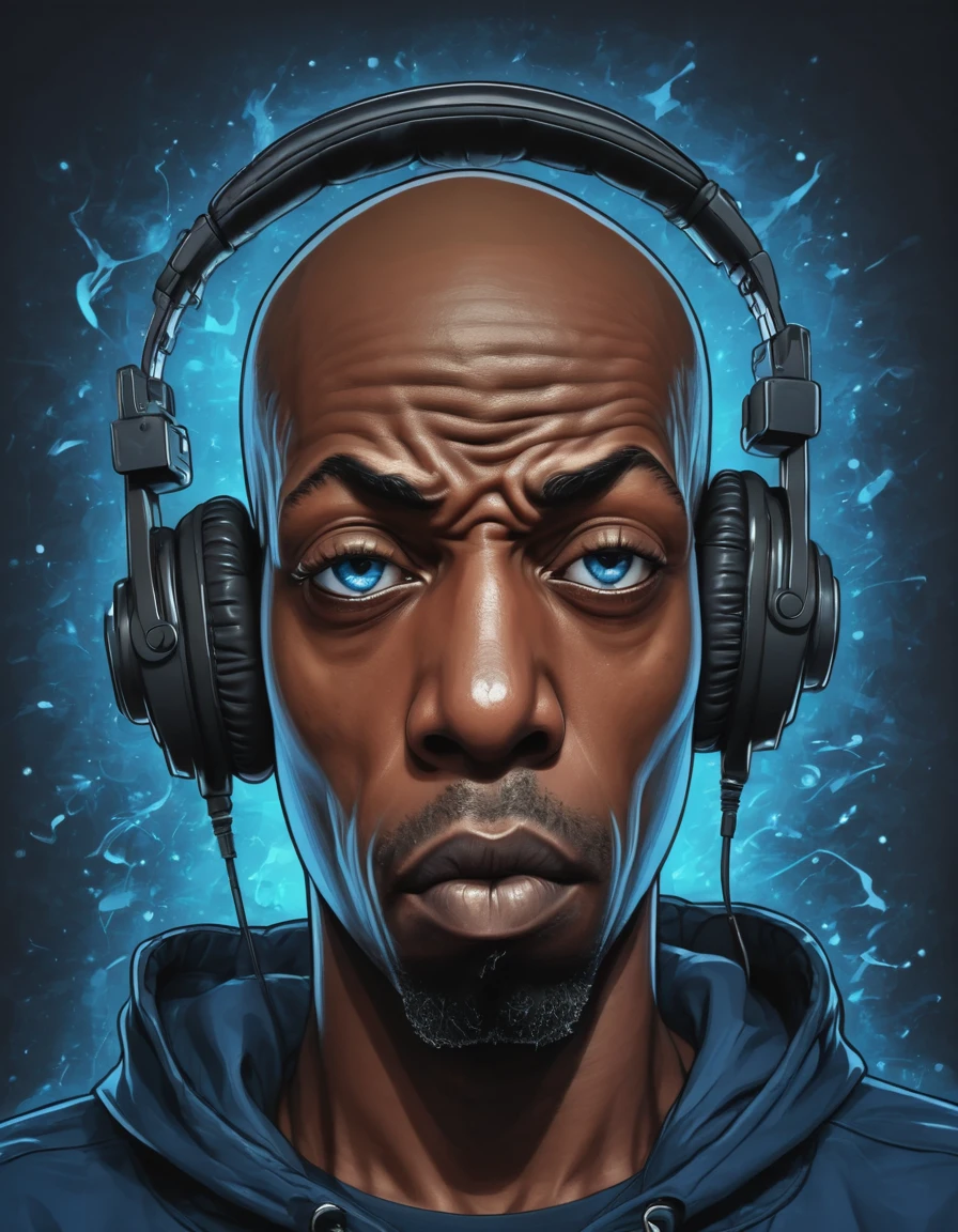 breathtaking vector cartoon illustration of shawt a black man ,wearing headphones Anastomosing, Electric Blue, galactic, Ivan Albright, Sick, mean expression, twinkling eyes, and a bald head