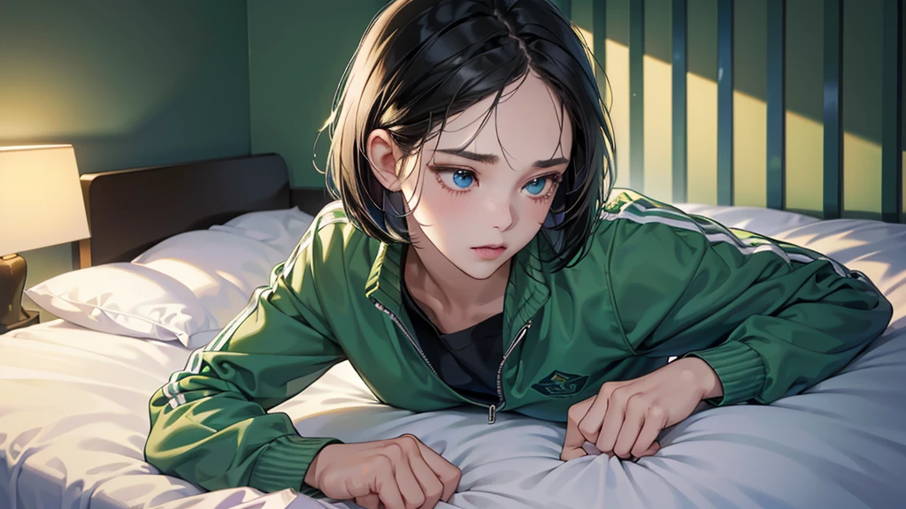 (perfect anatomy:1.2)(absurdres, highres, ultra detailed),masterpiece,best quality,high resolution,8k,Realistic face,Realistic skin texture,magnified textures, stunning clarity,detailed anime girl,(ultra detailed eyes and face),(1 girl:1.5)21years old,she is office worker,,black hair, bob cut, No-makeup look,,green school track jacket and green track pants,white t-thirt,(The chest is visible)(Lying on her bed on back down,look,blue eyes,sleepy eyes,small nose,roundface,Women's Apartments in suburb,(faint light),(darkness),(midnight),,(sleepy),(happy)upper body,Foliage plant,turn off the lamp,The expression of love