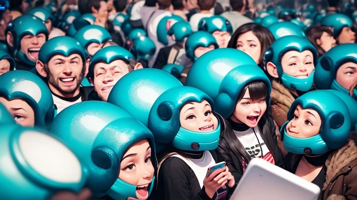 A vibrant scene of monkeys, aliens, and a group of humans, male and female, enjoying social media. While looking at their phones, a variety of emotions are expressed: some are angry, some are making money, and some are laughing. The background is pure white.
