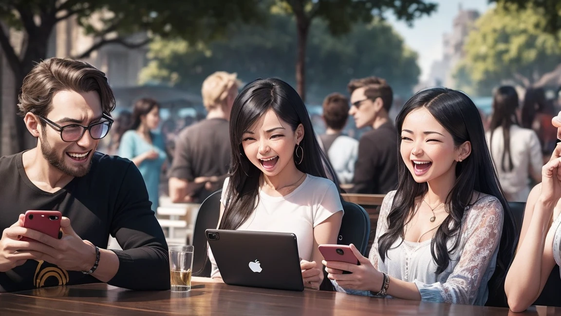 A vibrant scene of monkeys, aliens, and a group of humans, male and female, enjoying social media. While looking at their phones, a variety of emotions are expressed: some are angry, some are making money, and some are laughing. The background is pure white.