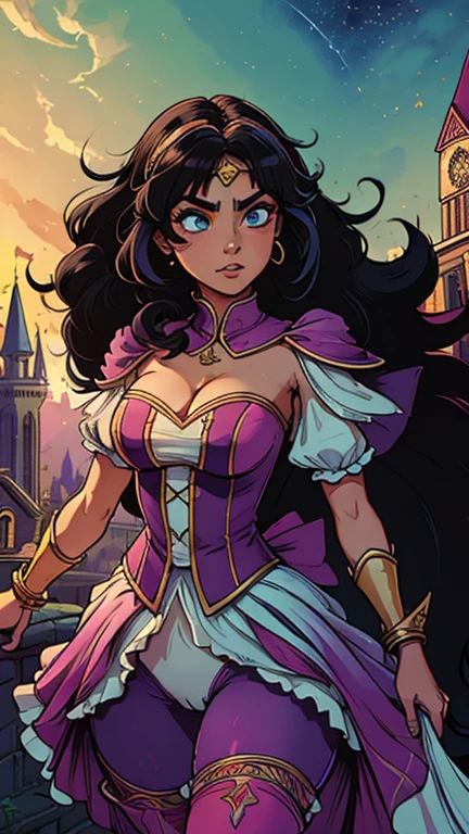 (Dominican: Caribbean:1girl:esmeralda,Superhero), (extremely detailed CG unit 8k wallpaper),(master part), (best quality), (ultra detali), (best illustration),(melhor ombre), cowboy shot, (Sharp eyeliner, ombre, detailedeyes:1), Disney Castle background, ,break , (star15escola:1.2), hair ornament,long hair ,black hair, Cameltoe