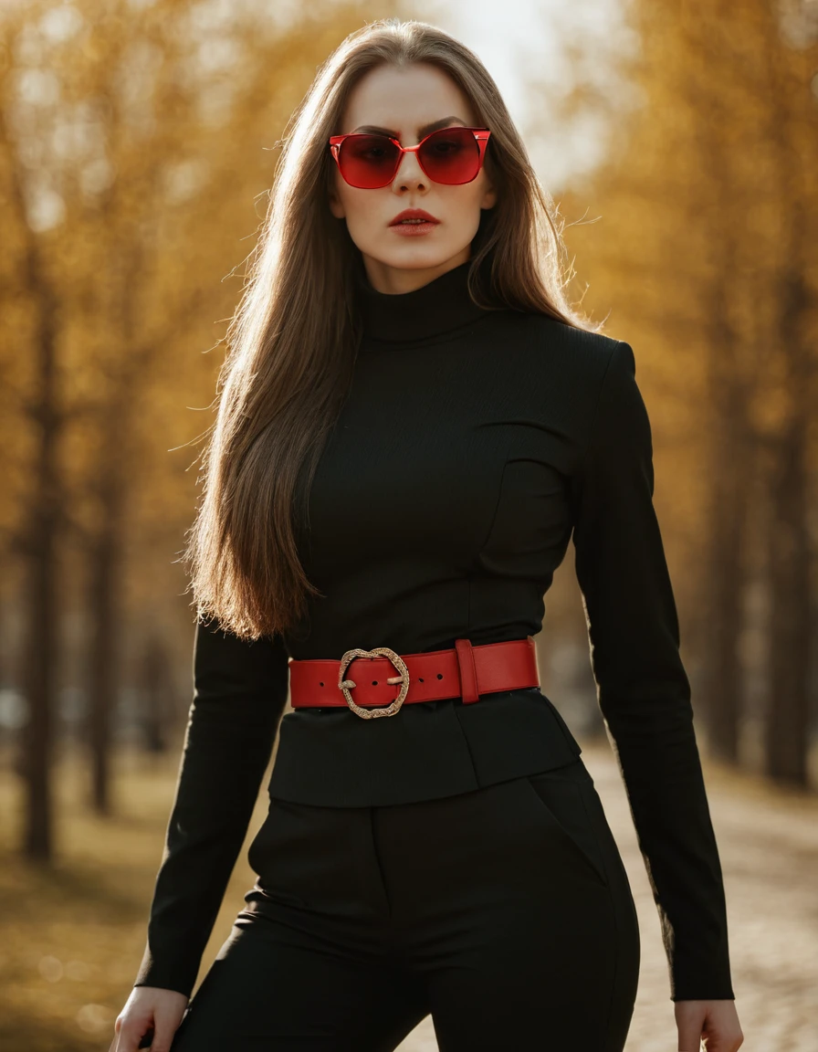 Photo, (sharp focus:1.2), (masterpiece), beautiful evil slavic muscular woman, pale skin, long hair, cinematic film still, stylish black and white photo, geometry, sunlight, feminine elegant girl in sunglasses with red glasses, black turtleneck, black jacket, wide black trousers, wide belt, (sharp focus on the face:1.3), (detailed), photographed on a Kodak box camera, (hyper realistic:1.4), lifelike texture, (intricate details, hyperdetailed:1.15) (skin texture:1.2), cinematic, professional, 4k, (((dynamic model pose))), sitting, full body, mesmerizing, dynamic, dramatic, dynamic pose, highly detailed skin with hair, subcutaneous veins, light and shadow play, highly detailed,24mm photograph, bokeh, professional, 4k,