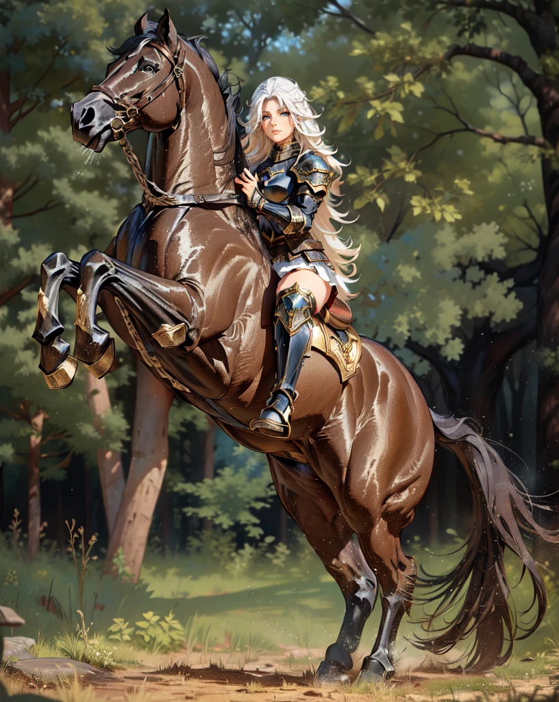 ((best quality)), ((anime masterpiece)), (high detailed), 8k, cinematic lighting, realistic, HDR, vivid color, a female knight riding a BROWN HORSE, long hair, {black hair}, (white armor, black gauntlet, black miniskirt, black boots), forest, anatomically correct