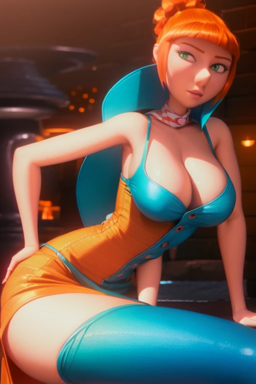(Caucasian skin:1.1, thick-thighs:1.1, Breasts huge:1.1) hair orange, (Cramped:0.9) orange button down, green dress, holding a (kitana:1.1), (best qualityer:1.2), ultra detali, (realisitic:1.37), portraits, swirly vibrant colors, warm hues, soft lighting