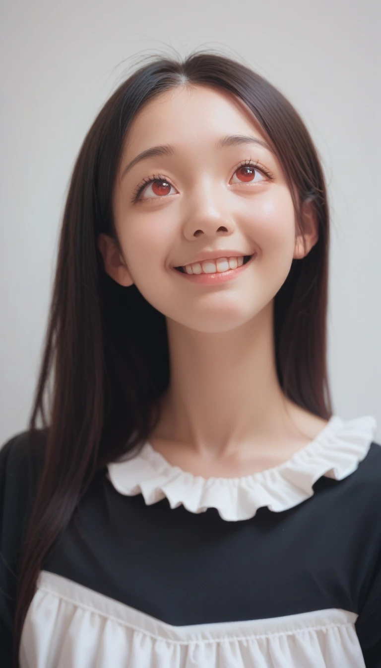 score_9_up, score_8_up, score_7_up, score_6_up,Top quality, masterpiece, Black Hair, Red Eyes, look up, Upper Body, Kawaii, Ruffled shirt, Smile,Red hair