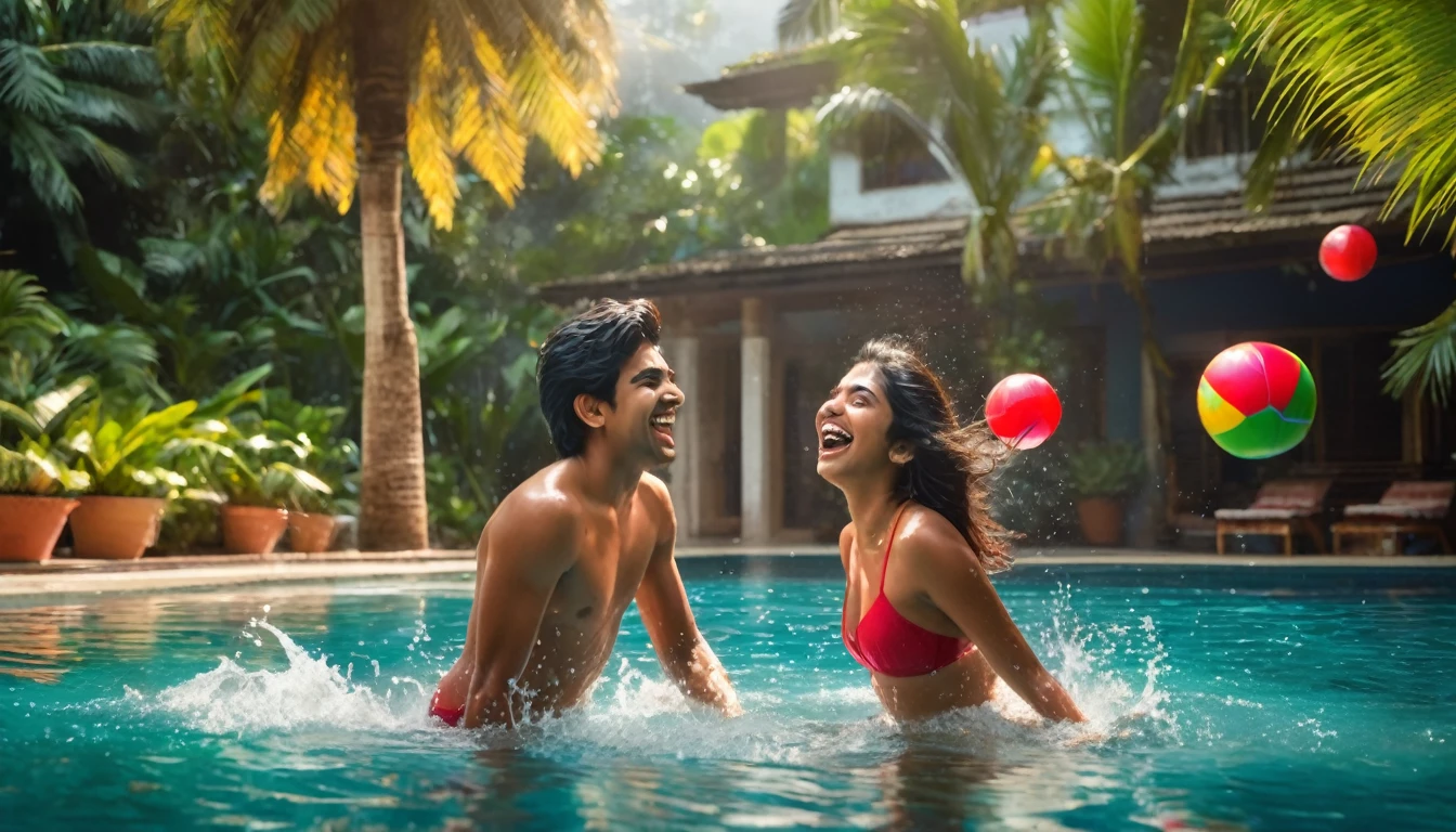 a vibrant scene of a 20-year-old indian brother and sister radhika and rohan frolicking in a picturesque swimming pool under the dappled shade of a palm tree, radhika with her delicate yet athletic frame flaunting her muscular legs as she emerges from the crystal-clear water with a playful smile on her cute detailed face, her deep brown eyes sparkling with joy as she splashes her brother rohan who responds with a good-natured laugh, rohan equally captivating in his red speedo briefs showcasing his toned physique and strong legs as he leaps in the air reaching for a floating beach ball, the vibrant red of his swimwear contrasting beautifully with the sky-blue string bikini worn by radhika which complements her radiant skin and highlights her youthful exuberance, the siblings' expressions full of warmth and camaraderie capturing the essence of an unforgettable summer afternoon spent together, the pool's cerulean water inviting and the surrounding lush greenery framing the picture-perfect moment creating a serene backdrop for their playful antics, the siblings' laughter echoing through the quiet afternoon a testament to their unbreakable bond and shared joy, the sun's rays dancing on their wet hair and skin casting a warm glow that adds to the overall allure of the scene,(best quality,4k,8k,highres,masterpiece:1.2),ultra-detailed,realistic,photorealistic,photo-realistic:1.37,HDR,UHD,studio lighting,ultra-fine painting,sharp focus,physically-based rendering,extreme detail description,professional,vivid colors,bokeh,portrait
