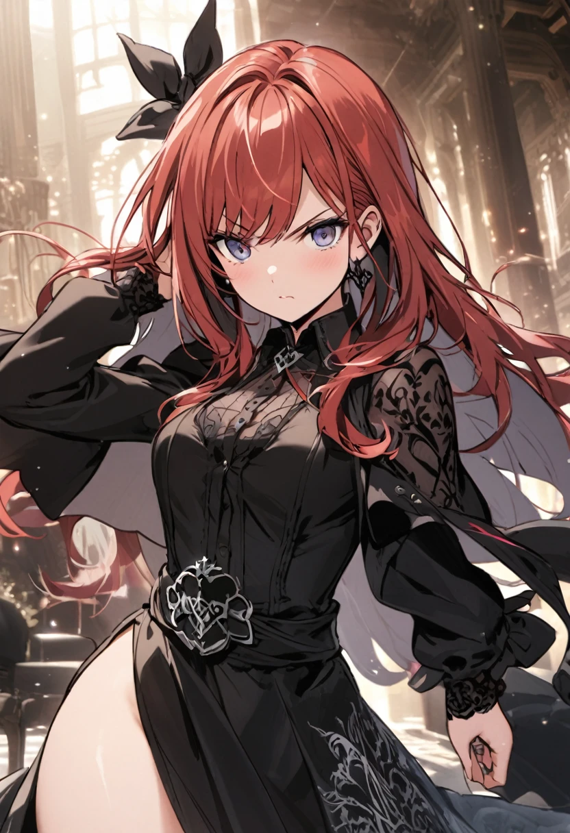 redhead in black dress mafiosa logos
