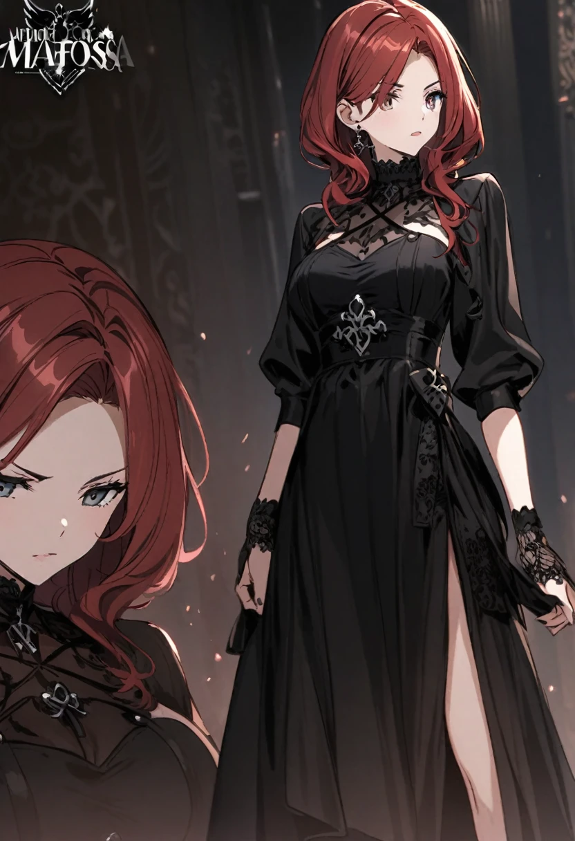 redhead in black dress mafiosa logos