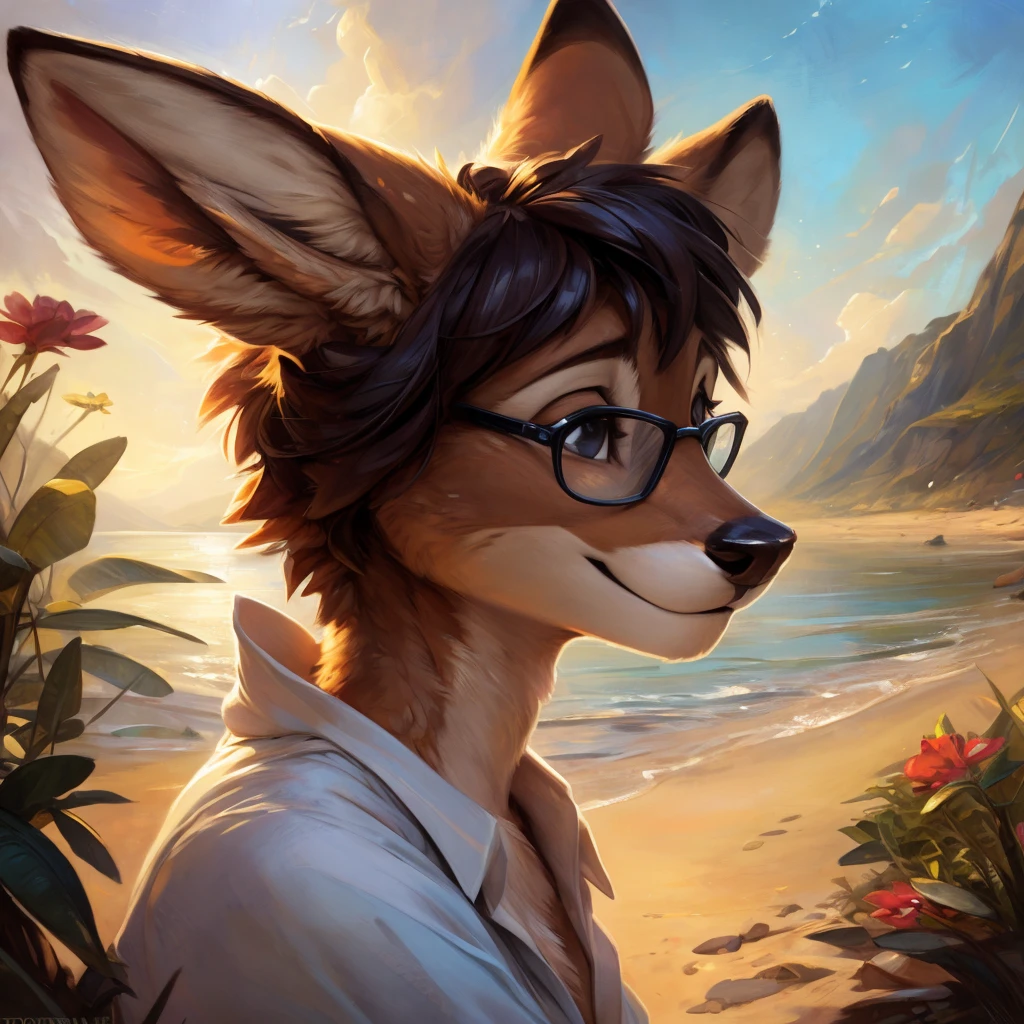 uploaded on e621, by Pixelsketcher, by Bayard Wu, by Thomas Benjamin Kennington , by Einshelm, by hioshiru and kenket, Chunie, portrait, solo anthro female deer doe, with small featureless breasts, clear dark blue, cinematic lighting, day, sunny day, beach, stays in the sea, sea background, mediterranean background, horizon background, shiny, short curly dark brown hair, wears big black nerd glasses, very very beautiful furry art, furry art, smiling, joyful, shiny, happy, feminine, cute face, muzzle, fluffy chest, flawless face, Fallow deer, 1girl, Sakimichan is beautiful, Masterpiece, Wavethesallow Face, shiny, Detailed image, portrait, Detailed image, portrait, full body, wearing wide, long, white blouse, shiny, realistic face, perfect anatomy, hourglass body, (furry body:1.1), anthropomorphic deer, small fluffy tail, detailed background, (cute anatomy:1.1), windy, smiling, very happy, happy