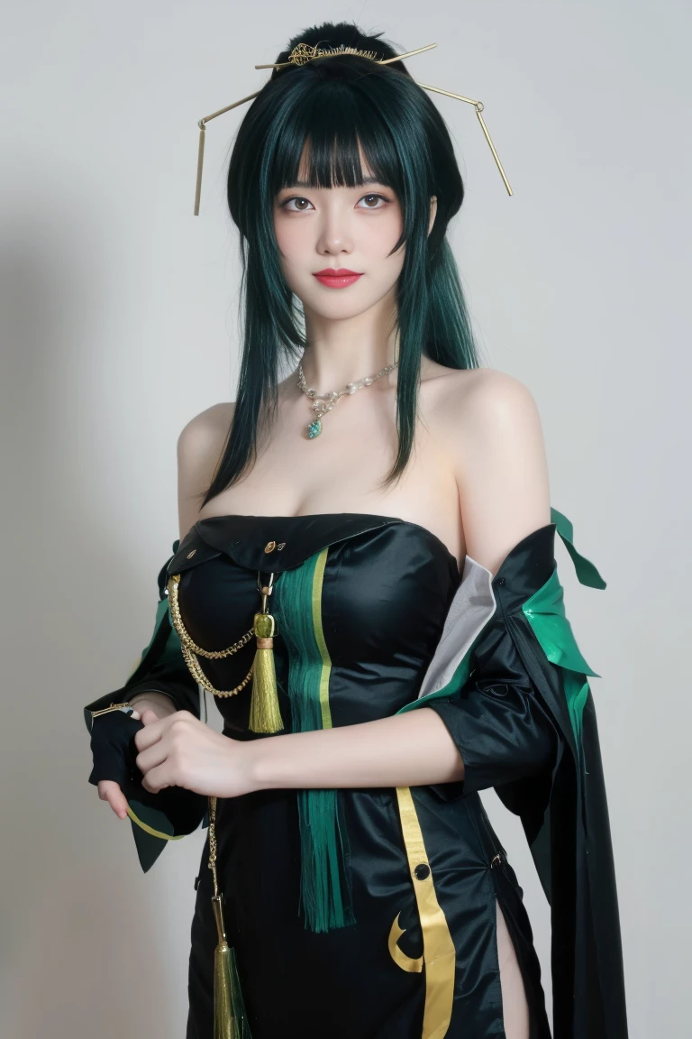 best quality, tmasterpiece,Ultra-high resolution,Clear face,(Reality:1.4),ferpect lighting,(upper body:1.3), (photorealistic:1.50), anime wallpaper, Guviz style artwork, cover-up fantasy up to magic , by Yang J, Guviz, beautiful artwork illustration, beautiful digital artwork, beautiful digital illustration, Li Song, beautiful anime portrait, art style in Beauvot, 1girl, 独奏, long hair, (green hair:1.5), hair ornament, bangs, (purple eyes), double eyelids, blush, Red cheeks, Sleeveless, white dress, black dress, green dress,(Hanfu), (Chinese dress), (medium breast:1.5), shagging breasts, Cleavage, indoor, room, (standing), (looking at viwer), smile,