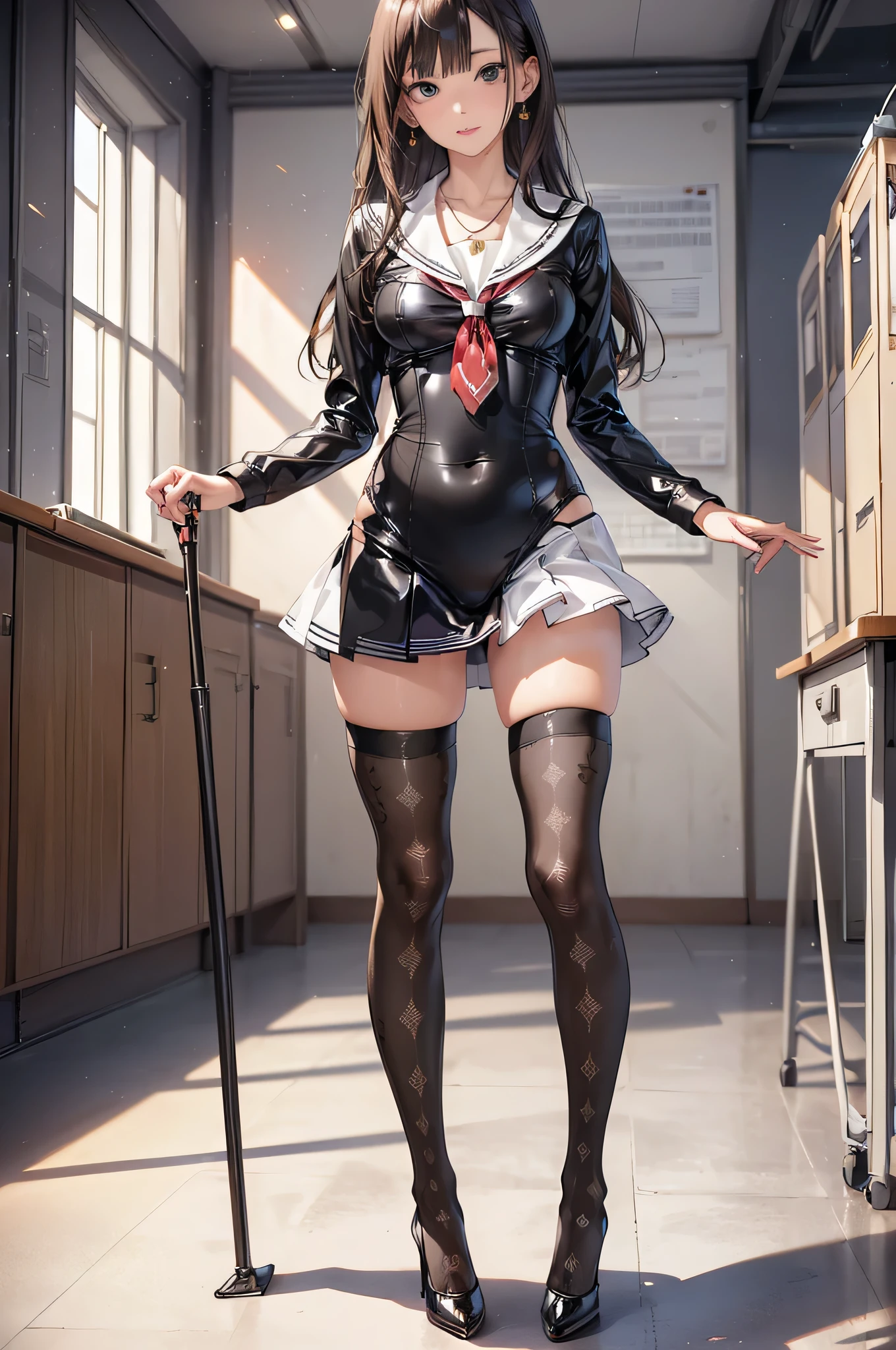 ((Biologically correct limb count)),(( From head to toe,Full-body photo including face)),4K,((Standing position)),masterpiece,((Focus on the face)),((Symmetrical facial features)),Eyes with detailed description,Beautiful woman,Great style,Beautiful arms,Beautiful legs,Beautiful Hands,(Small Ass,Thin thighs),Facial detailing,Small earrings,necklace,(Latex sailor suit,mini skirt((High heels,Patterned stockings))),((Taking a class in a school classroom)),,Realistic photo,Stand at an angle