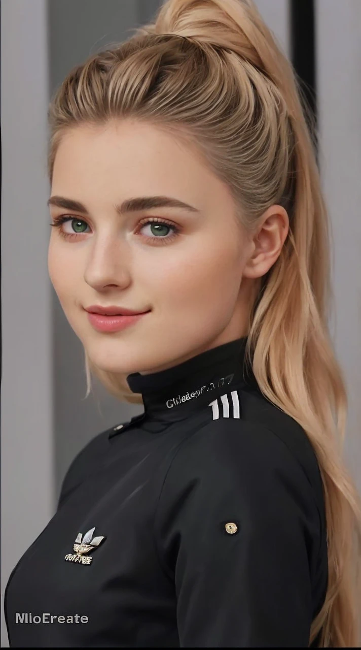 analog style, photo of a woman, 24yo, (1woman), ( brown ponytail), ((pretty face: 1.7, perfect face:1.5)), green eyes,
pale skin, shinny skin, ((militar jacket)), gesturing with hands, in a power big nacked