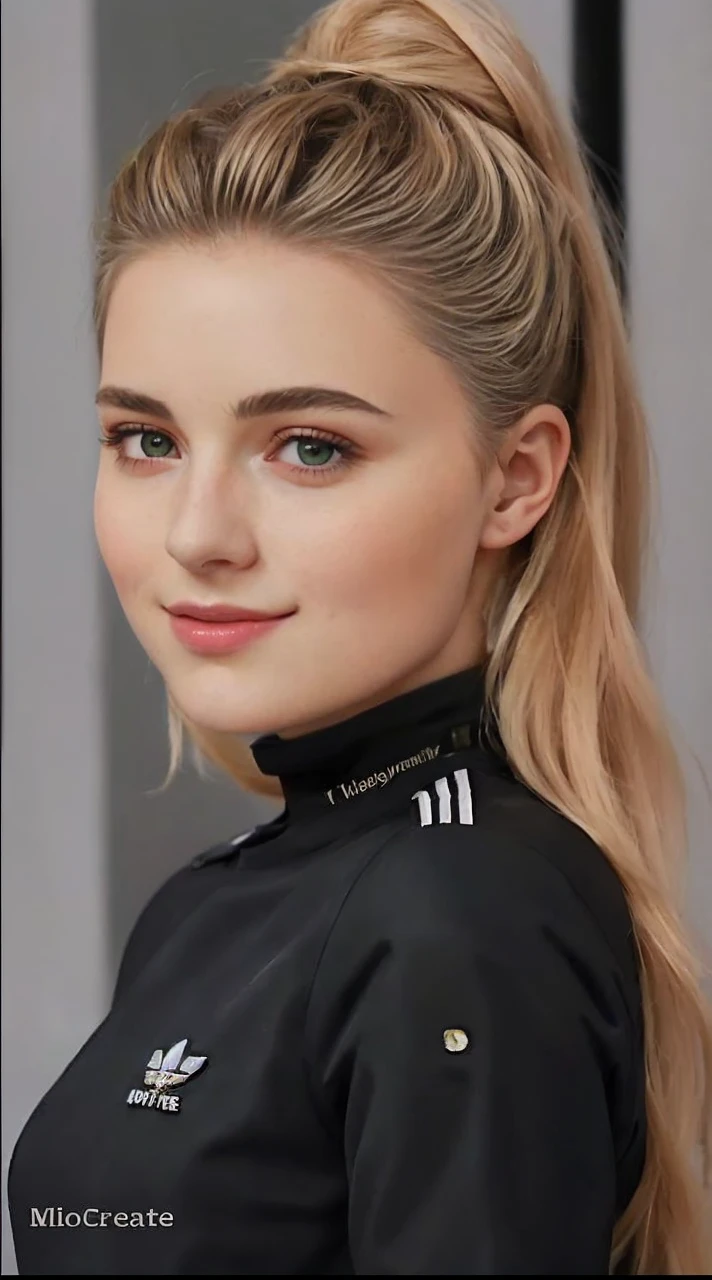 analog style, photo of a woman, 24yo, (1woman), ( brown ponytail), ((pretty face: 1.7, perfect face:1.5)), green eyes,
pale skin, shinny skin, ((militar jacket)), gesturing with hands, in a power big nacked