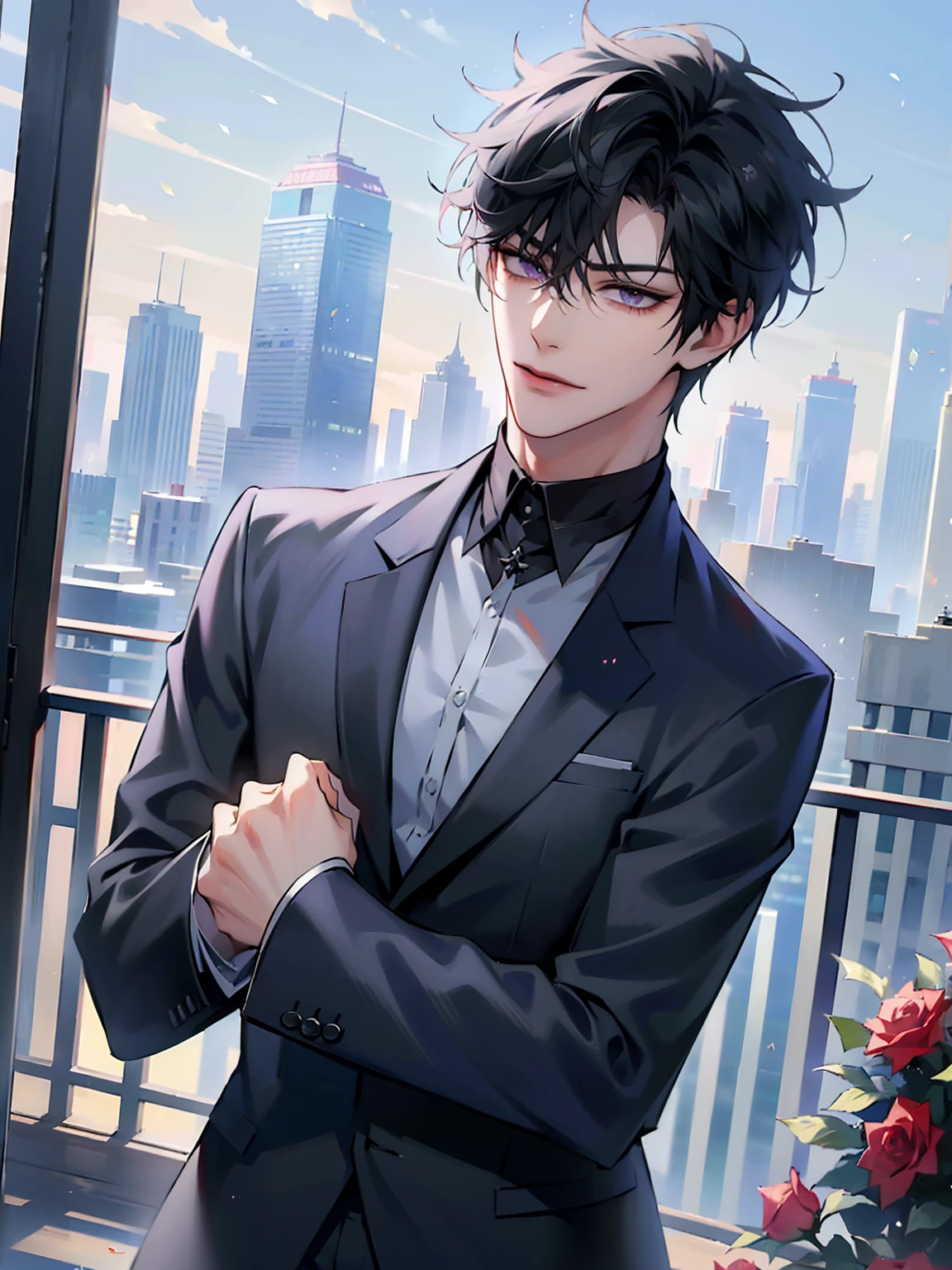(masterpiece, 8k, high quality, best quality:1.6), 1boy, solo, short hair, black hair, asymmetrical fringe, purple eyes, handsome, sharp eyes, (mature male, mature:1.2), male focus, fashionable, tucked in open white collared shirt, gray pants, necklace, outdoors, meadow, flowery field, close up, smile, long eyelashes, soft shadows, perfect anatomy, holding a bouqet of red roses, spring season