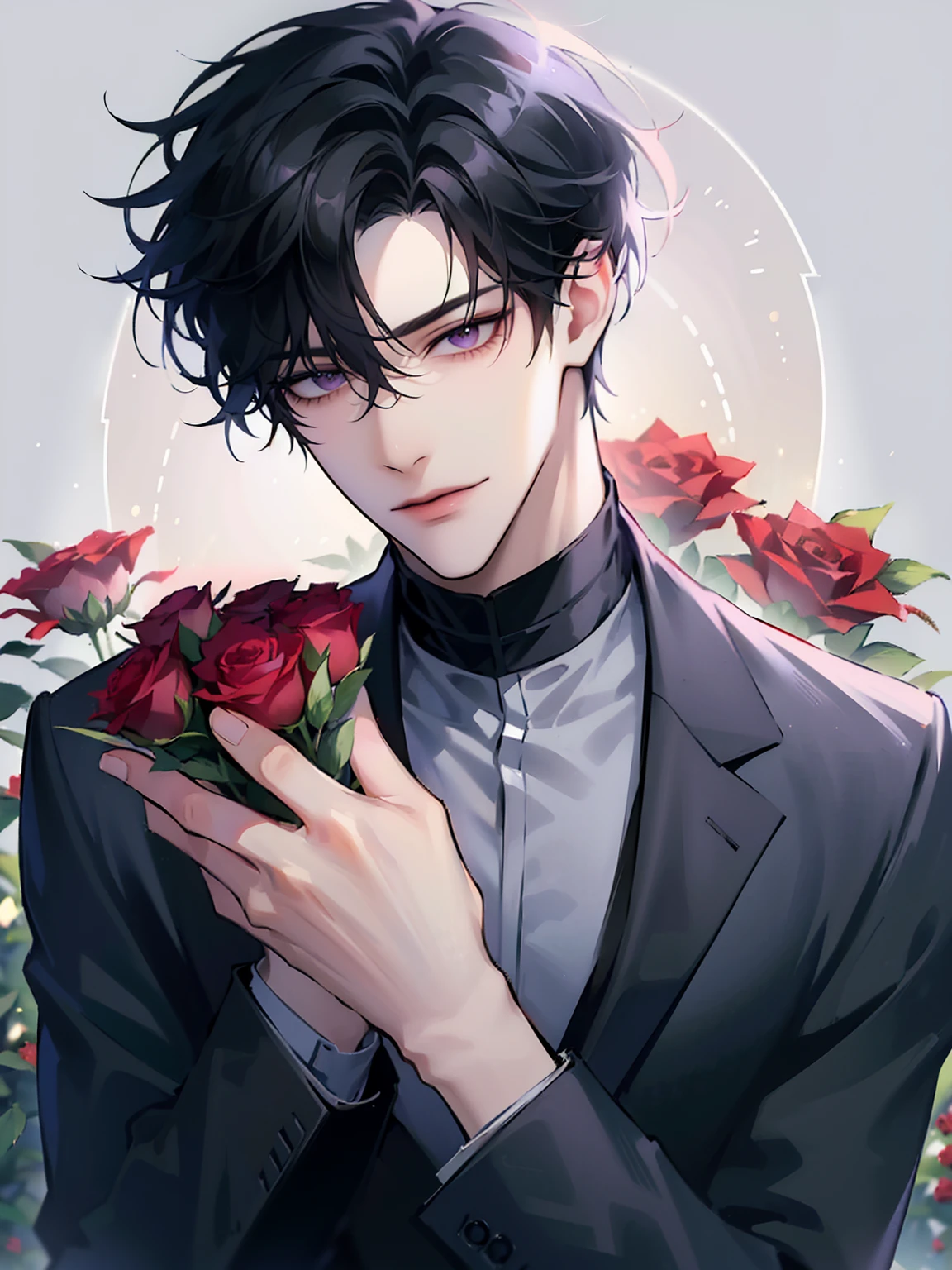 (masterpiece, 8k, high quality, best quality:1.6), 1boy, solo, short hair, black hair, asymmetrical fringe, purple eyes, handsome, sharp eyes, (mature male, mature:1.2), male focus, fashionable, tucked in open white collared shirt, gray pants, necklace, outdoors, meadow, flowery field, close up, smile, long eyelashes, soft shadows, perfect anatomy, holding a bouqet of red roses, spring season