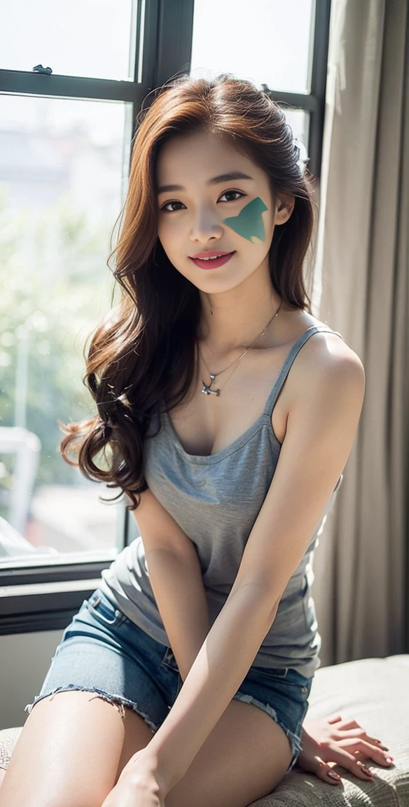((Top quality、8k、Master School:1.3、In the company、OL、Office casual setting、 Long hair,, 32 inches chest size, Grey Camisole Vest, shorts,White shoes , Nikon, Ultra HD 1 Girl、slender beauty:1.3、Oval face,Phoenix Eyes，Eyebrow， Double eyelids, Long eyelashes, A faint smile, ，Super detail face、Exquisite eyes、Double eyelids、smiling facial expression、(sexy pose),whole body、brown hair、necklace,Tanned skin、20 years old、beaver、shortcut、piece、 look、stare、Houseplant、verdant、look到whole body、window,rha30