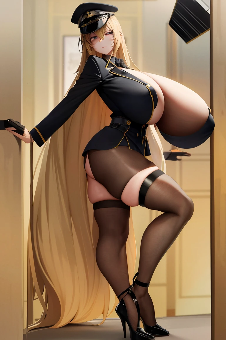 A woman，Long blond hair，Black eyes，Put on a military cap，Wearing a black bikini，Long legs，Nipple protrusion，Twenties，exposed，Black high heels，Huge breasts，超级Huge breasts，超级无比Huge breasts，，，