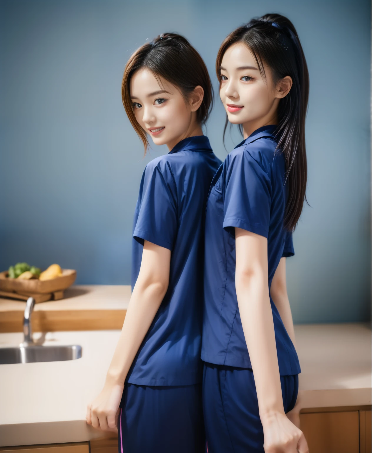 (best quality,10,10,height,Masterpiece:1.2),Special details,(realistic,ภาพrealistic,Realistic photos:1.37),1 Cute girl in the kitchen,shiny, ผิวshiny,only,smile softly,BDclothelue shirt:1.3)),short sleeve,shirt, กางเกงขาlong.,(navy_long_track pants:1.1), ((Kitchen Background)),Dynamic angle,excited,Face focus,dynamic poses,from behind,focus on ass,Masterpiece, best quality, ultra realistic, hyper detail, 8k resolution, raw photos, Sharp focus, ((Navy blue shirt:1.1)), short sleeve, เส้นทางlong, perfect body, 2 mature women, 18 years old, Cinema-grade lighting system,blue sweatpants,shirtผ้าออกกำลังกาย,correct anatomy,perfect body, correct body, Sharp face, correct bodyทางกายวิภาค, full body, realistic gestures, long-haired, realistic poses,Wear long shorts...........................,ช่วงขาlong,Good shape,carved girl, Slender figure, model, Good shape, beautiful body,blue sweatpants, two girls kissing