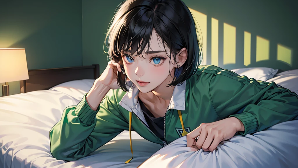 (perfect anatomy:1.2)(absurdres, highres, ultra detailed),masterpiece,best quality,high resolution,8k,Realistic face,Realistic skin texture,magnified textures, stunning clarity,detailed anime girl,(ultra detailed eyes and face),(1 girl:1.5)21years old,she is office worker,,black hair, bob cut, No-makeup look,,green school track jacket and green track pants,white t-thirt,(The chest is visible)(Lying on her bed on back down,look,Blue eyes,sleepy eyes,small nose,roundface,Women's Apartments in suburb,(faint light),(darkness),(midnight),,(sleepy),(happy)upper body,Foliage plant,turn off the lamp,happy expression:1.3,Covered with a blanket