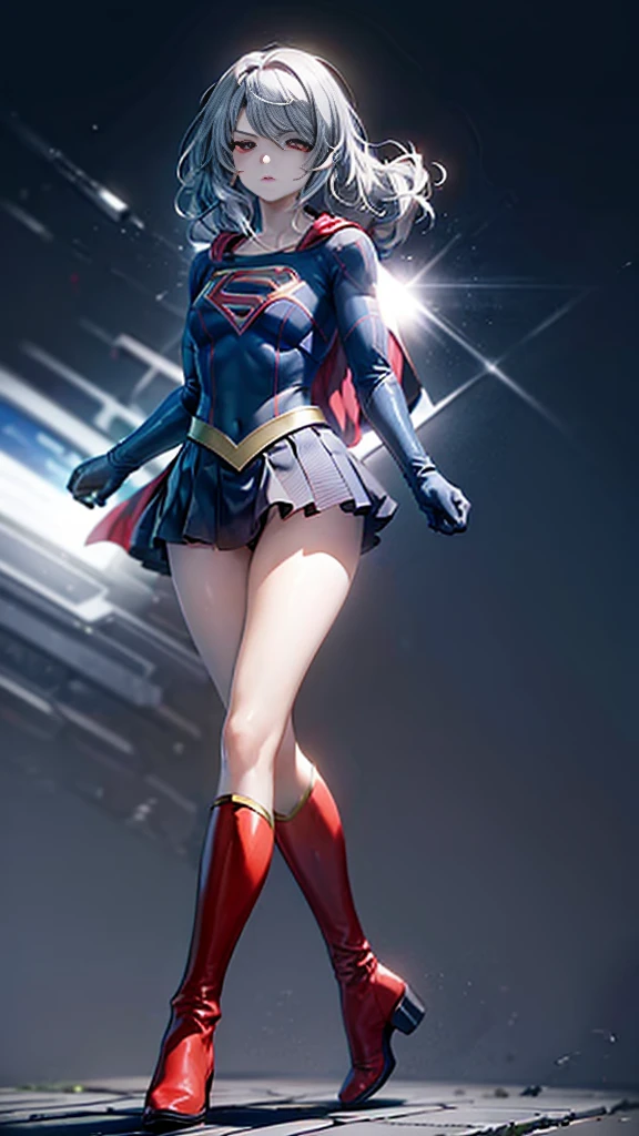 (whole body), (masterpiece:1.2), (Highest_quality:1.2), (Ultra_detailed:1.3), 8k,Low - Angle，From below，1 girl，alone，Big ass girl, Annoyed face，Glare，Viewer ID Chest, barefoot，Red long boots, Superman_oc，( Supergirl)，Laura Bodewig, Long Hair, (Red eyes:1.3), Grey Hair, Eye patch,Blue leotard，Red Cape，gloves，Simple Background，White Background，