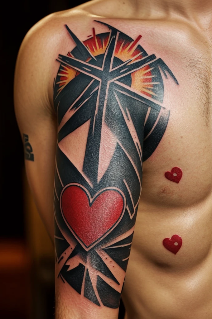 Tattoo of an open chest that has a kiss inside, a cross, a tear, a gun, a fire, a realistic heart, a sun and a hand