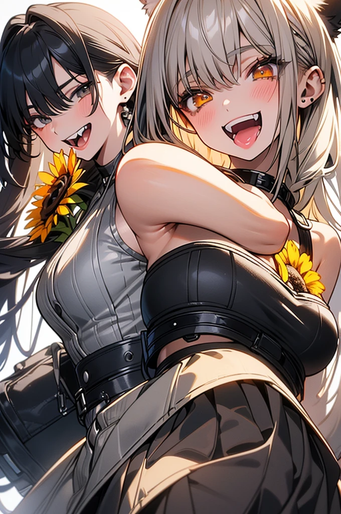 （In 8K, best quality, muste piece:1.2)、ultra high resolution,1 female 16 years old、ultra-detailed face,detailed eyes,open mouth,laughing, one lady, brown skin, from side, gray fox ears, green eyes, hold a sunflower, gray sleeveless shirt, gray tight skirt, orange corset, backlighting,