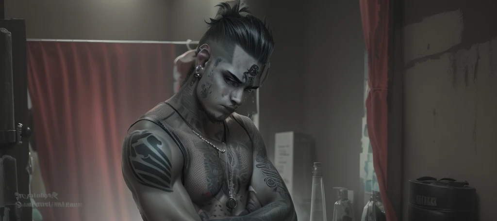 Punk boy with messy hair, aretes, tattoo's, piercings, stark, bodybuilder, and hulk