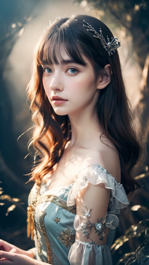 ( masterpiece, top quality, best quality,8k,17 years old girl,ultra detailed,raw photo:1.5),(photorealistic:1.4),(cinematic lighting), PerfectNwsjMajic, , Surrealism, UHD, ccurate, Super detail, textured skin, High detail, Best quality, dynamic angle, (high nose,White skin),[Beautiful blue eyes],[flat chest:large breasts:0.5],(1girl),(good anatomy:0.5)), of a woman in a dress with a Magic , ((a beautiful fantasy empress)), beautiful fantasy maiden, Dreamy atmosphere,mystical ambiance, Artistic interpretation,a whimsical illustration, Subtle colors and tones, mystical aura,portrait, parted bangs, long hair,sunshine, portrait
