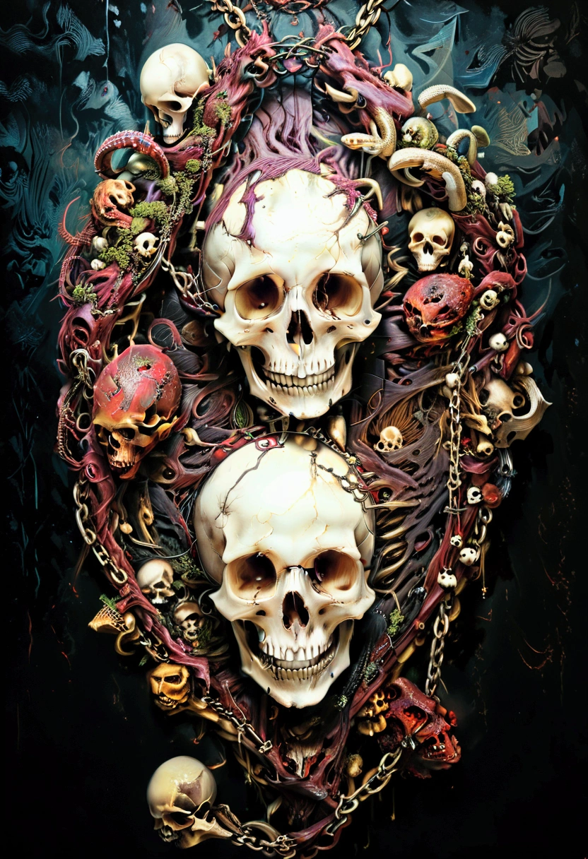 Dark ambient, Intricate Details, Studio Lights, Mystical Ambient, Mechanical, Asymmetric, Mystical Ambient, the result rendered must be made it from parts of the dead human bodies and skulls, skeletons of poisonous vipers and snakes and other reptiles, bones, worldly scum, still life should be surrounding the main objects artwork, horror, evil, hell, murdered innocents and must look very real with a blooded crown of spines, rusted and worn metallic chains and it must transmit the pain of the crucifixion of Jesus Christ, art by Carne Griffiths, Wadim Kashin, Anton Semeno aka Gloom82 and Tea Jagodic.