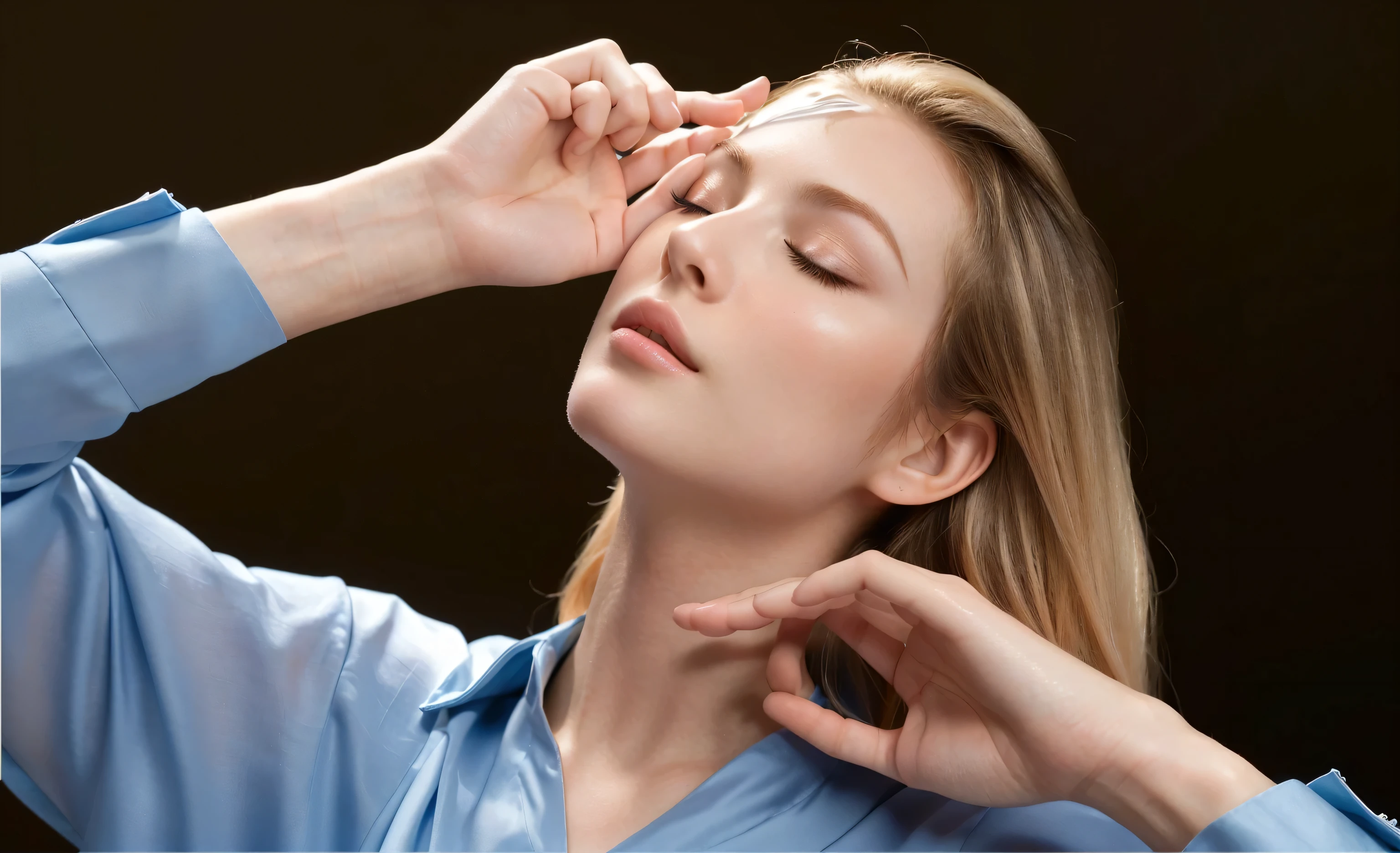 Blonde woman closing her eyes,Place your hands on your head, Fashion model face with eyes closed, sleepy fashion model face, Face and upper body focus, Symmetrical face, A woman with porcelain skin, Naturalistic approach, Smooth facial features, Face and upper body focus, High forehead, Facial symmetry, charming, Pointed chin, Beauty Retouching, Square face structure,Slightly side face angle