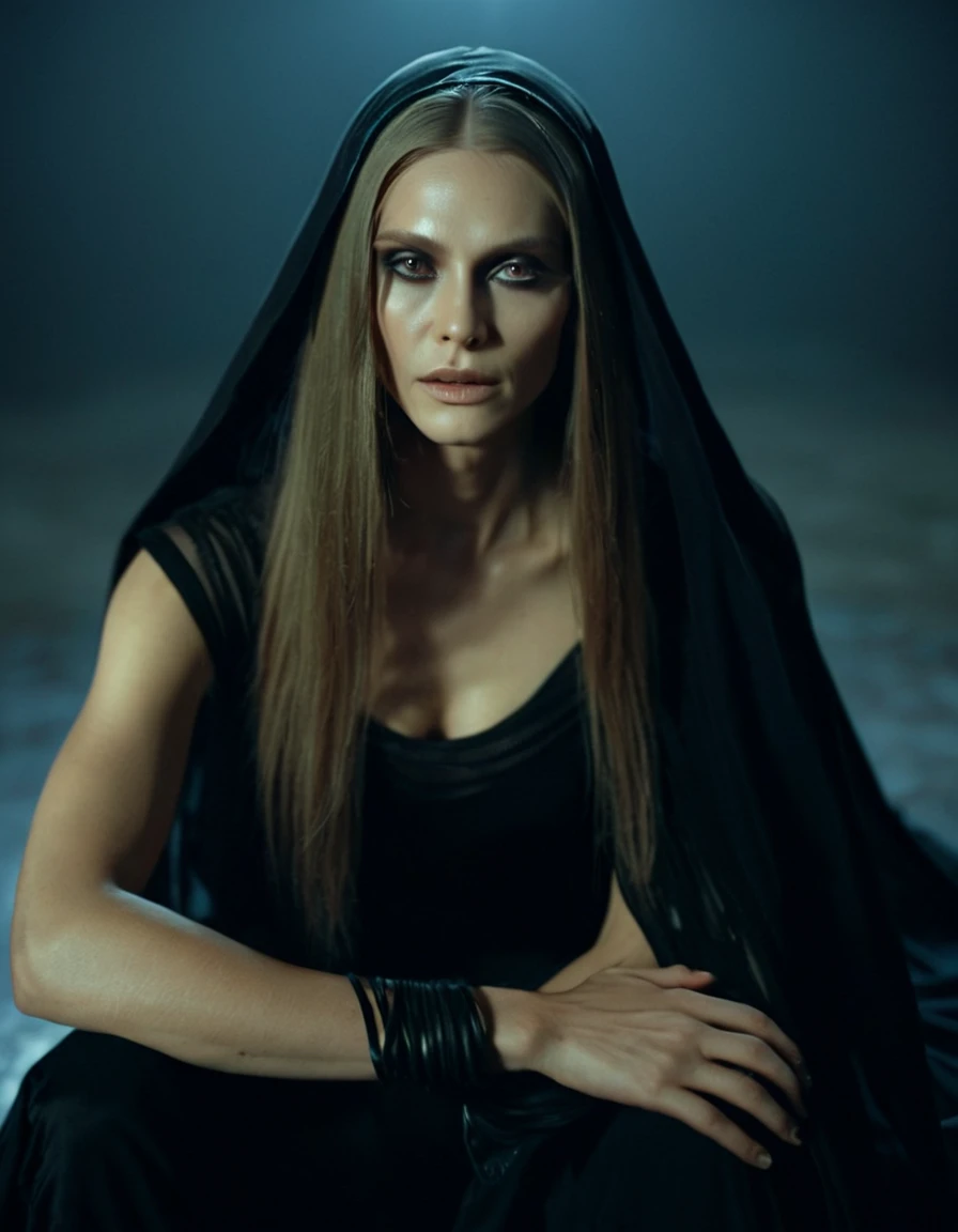 Fashionable of androgynous alien looking witch wearing veil, glowing eyes, beautiful evil slavic muscular woman, pale skin, long hair, futuristic design, minimal details, givenchy, photoreal, 200mm, hd, f/ 2.0, highly detailed, surreal, sitting, light smile, simple black stylish clothes, a slight smiledrop dead, in the style of red and blue, (intricate details, hyperdetailed:1.15) (skin texture:1.2), cinematic, professional, 4k, (((dynamic model pose))), sitting, full body, mesmerizing, dynamic, dramatic, sensual, dynamic pose, highly detailed skin with hair, subcutaneous veins, light and shadow play, highly detailed,24mm photograph, film, bokeh, professional, 4k,