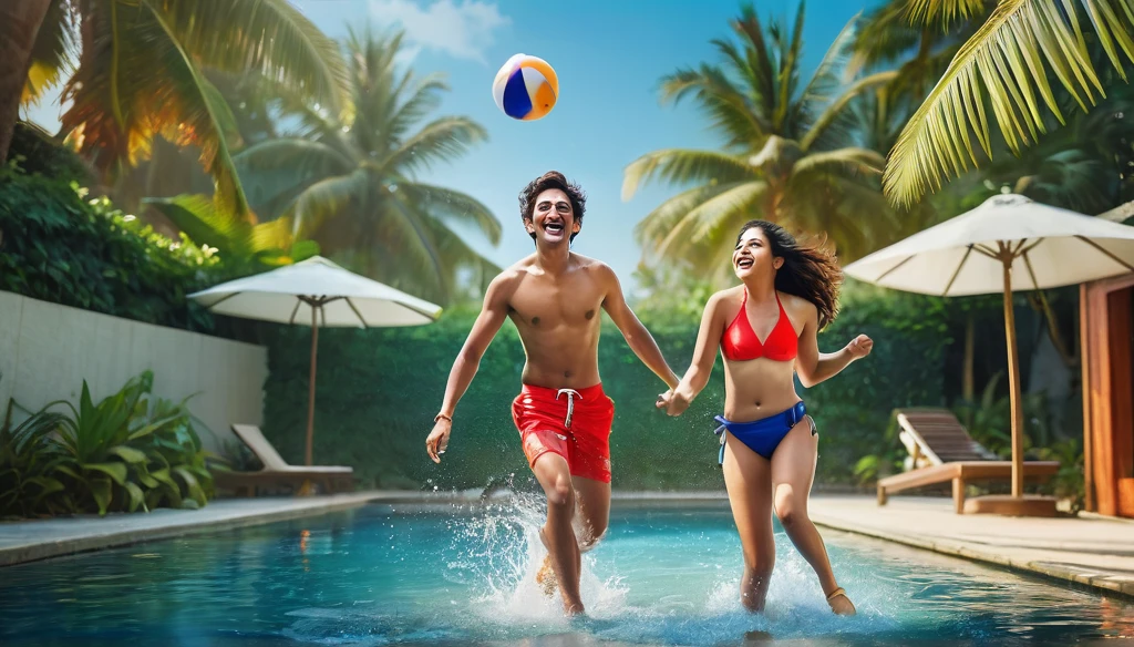 a vibrant scene of a 20-year-old indian brother and sister radhika and rohan frolicking in a picturesque swimming pool under the dappled shade of a palm tree, radhika with her delicate yet athletic frame flaunting her muscular legs as she emerges from the crystal-clear water with a playful smile on her cute detailed face, her deep brown eyes sparkling with joy as she splashes her brother rohan who responds with a good-natured laugh, rohan equally captivating in his red speedo briefs showcasing his toned physique and strong legs as he leaps in the air reaching for a floating beach ball, the vibrant red of his swimwear contrasting beautifully with the sky-blue string bikini worn by radhika which complements her radiant skin and highlights her youthful exuberance, the siblings' expressions full of warmth and camaraderie capturing the essence of an unforgettable summer afternoon spent together, the pool's cerulean water inviting and the surrounding lush greenery framing the picture-perfect moment creating a serene backdrop for their playful antics, the siblings' laughter echoing through the quiet afternoon a testament to their unbreakable bond and shared joy, the sun's rays dancing on their wet hair and skin casting a warm glow that adds to the overall allure of the scene,(best quality,4k,8k,highres,masterpiece:1.2),ultra-detailed,realistic,photorealistic,photo-realistic:1.37,HDR,UHD,studio lighting,ultra-fine painting,sharp focus,physically-based rendering,extreme detail description,professional,vivid colors,bokeh,portrait