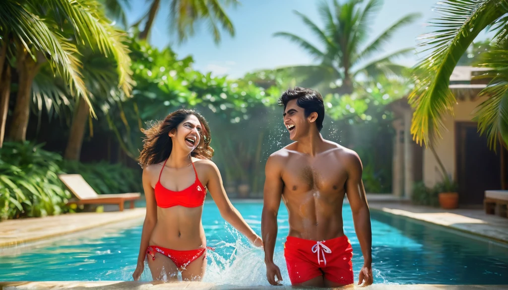 A young Indonesian couple, aged 25, relaxing and playing in the rain in a swimming pool behind a cafe with rainbow-colored lights and a logo 'INDIRA-CAFE'. The man has a 'Deva' tattoo on his chest, and white sports shorts. The woman has dark brown skin, an attractive figure, wearing a clear pink swimsuit with 'Aghni' on it, man touch chest and woman, face smiling, hands raised in a happy expression.