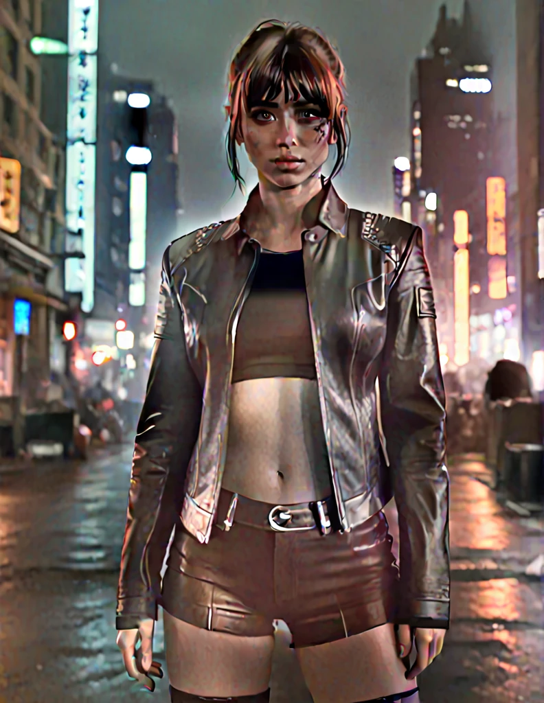 joi woman,In a leather jacket,her hair is styled with bangs ,dramatic lighting,Volumetric lighting,granularity,cinematic,looking at the camera,depth of field,hips,  full body shot,Cyberpunk city background