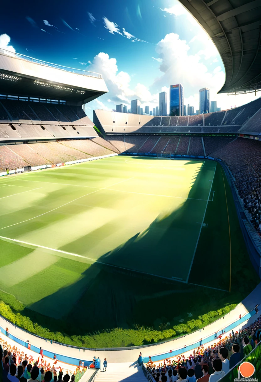 A football stadium with green grass, surrounded by high-rise buildings and clouds in the sky. The field is crowded with fans cheering for their team's game against the opposite side. In the style of anime, it features vibrant colors and detailed character designs. It was created using ArtStation and digital painting techniques, featuring high resolution and wide-angle lenses. This scene showcases the realism of Makoto Shinkai, showcasing intricate details.