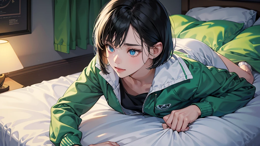 (perfect anatomy:1.2)(absurdres, highres, ultra detailed),masterpiece,best quality,high resolution,8k,Realistic face,Realistic skin texture,magnified textures, stunning clarity,detailed anime girl,(ultra detailed eyes and face),(1 girl:1.5)21years old,she is office worker,,black hair, bob cut, No-makeup look,,green school track jacket and green track pants,white t-thirt,(The chest is visible)(Lying on her bed on back down,look,Blue eyes,sleepy eyes,small nose,roundface,Women's Apartments in suburb,(faint light),(darkness),(midnight),,(sleepy),(happy),Foliage plant,turn off the lamp,happy expression:1.3,Covered with a quilt