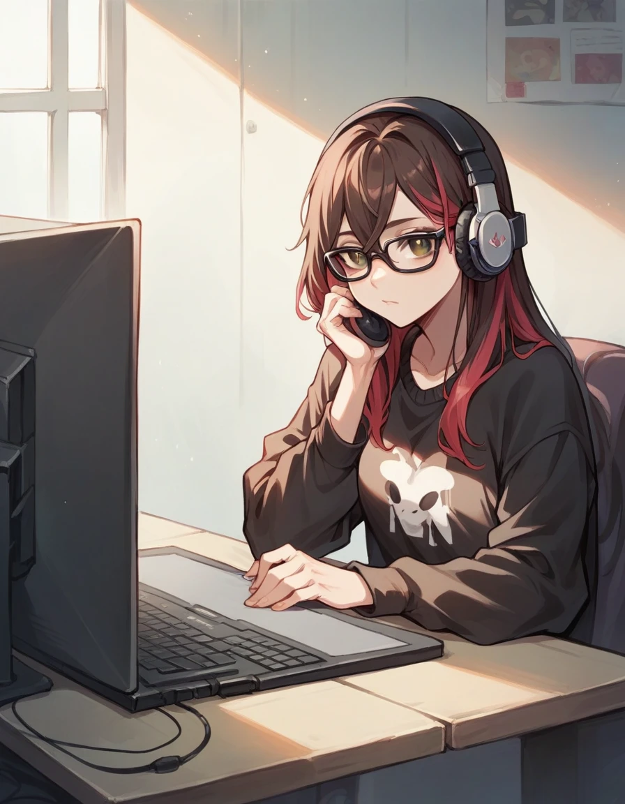 dyed red hair girl, wear black glasses, brown eyes and white complexion, She is playing on a PC dressed in a black sweater and wearing headphones.